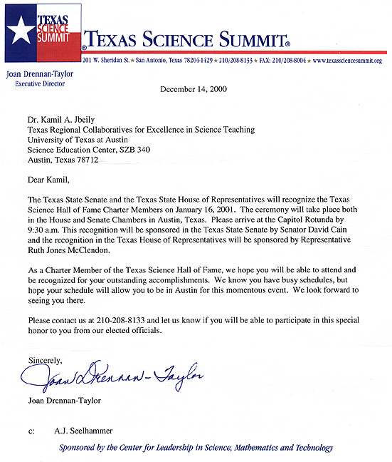 Texas Science Summit Letter of Recognition